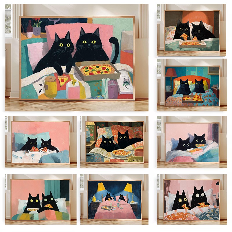 Pet Beds - 침대에서 피자를 먹는 두 마리의 검은